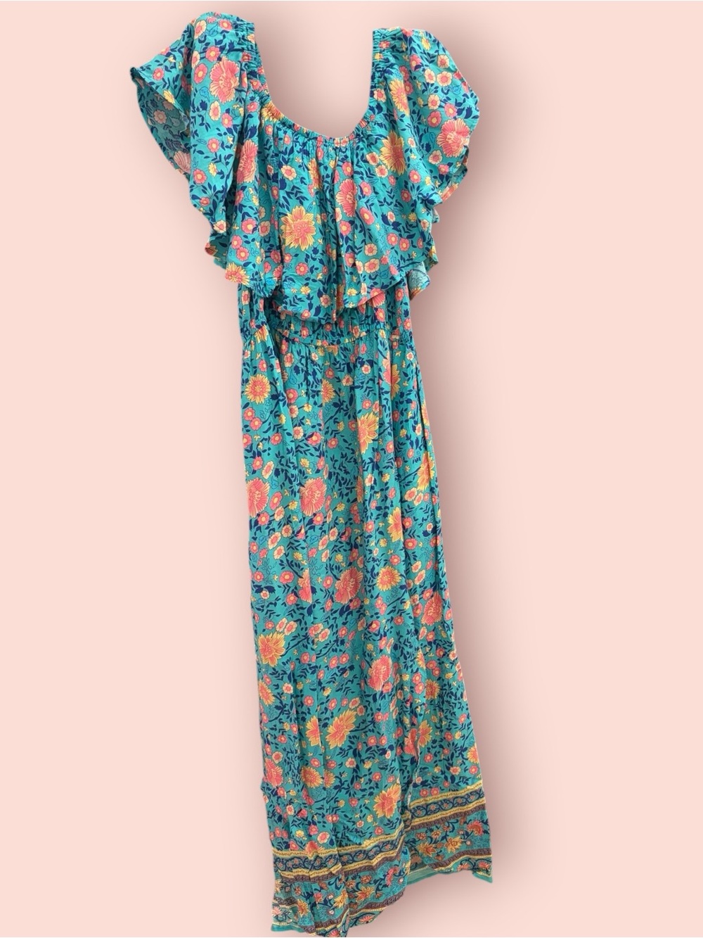 Teal Floral Ruffle Maxi Dress